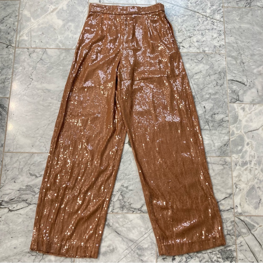 ZARA Copper Brown Sequin Pleated Wide Leg Pants - Picture 7 of 15